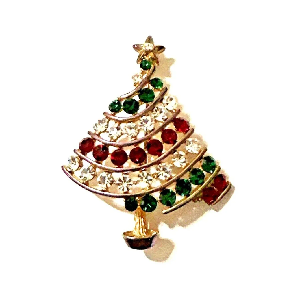 Vintage Christmas Tree Brooch Red Green Clear Rhinestones Gold Tone Mid Century